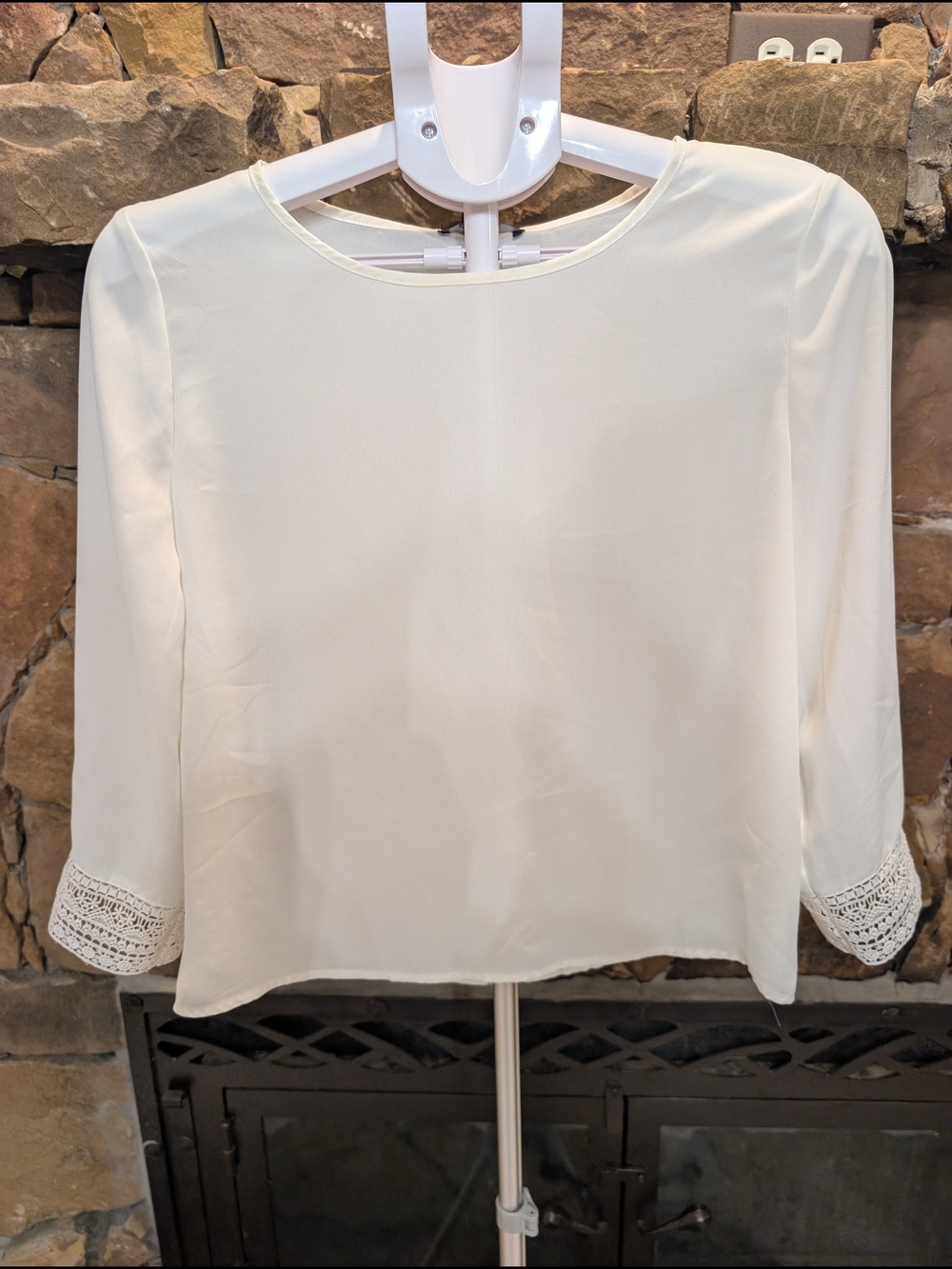 Forever 21 Off-white Long-Sleeve Blouse with Crochet Cuffs, Semi Sheer, M